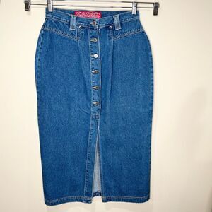 Y2K No Excuses Tough Jeans Femme Fatale Denim Button Front Midi Skirt 13/14